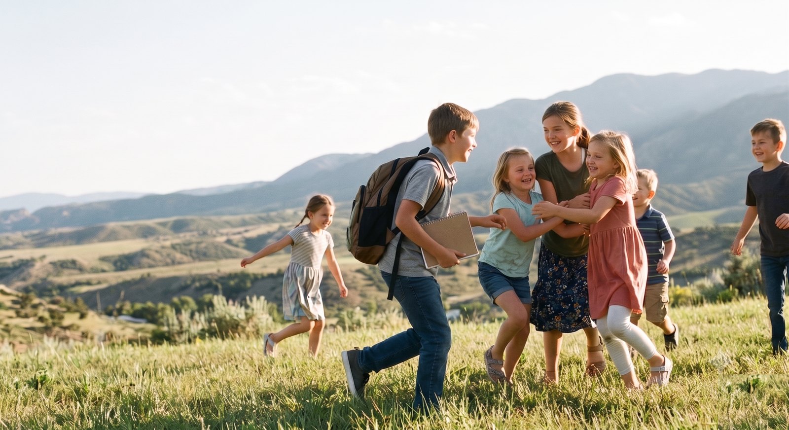 Homeschool kids running and playing together in an open field at golden hour