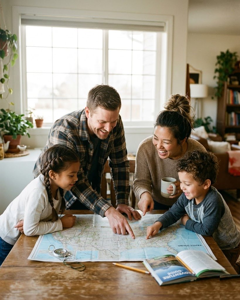 A family gathered around a United States map at their kitchen table