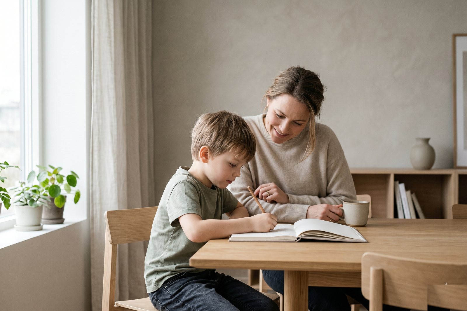 A parent and child learning together at a sunlit table